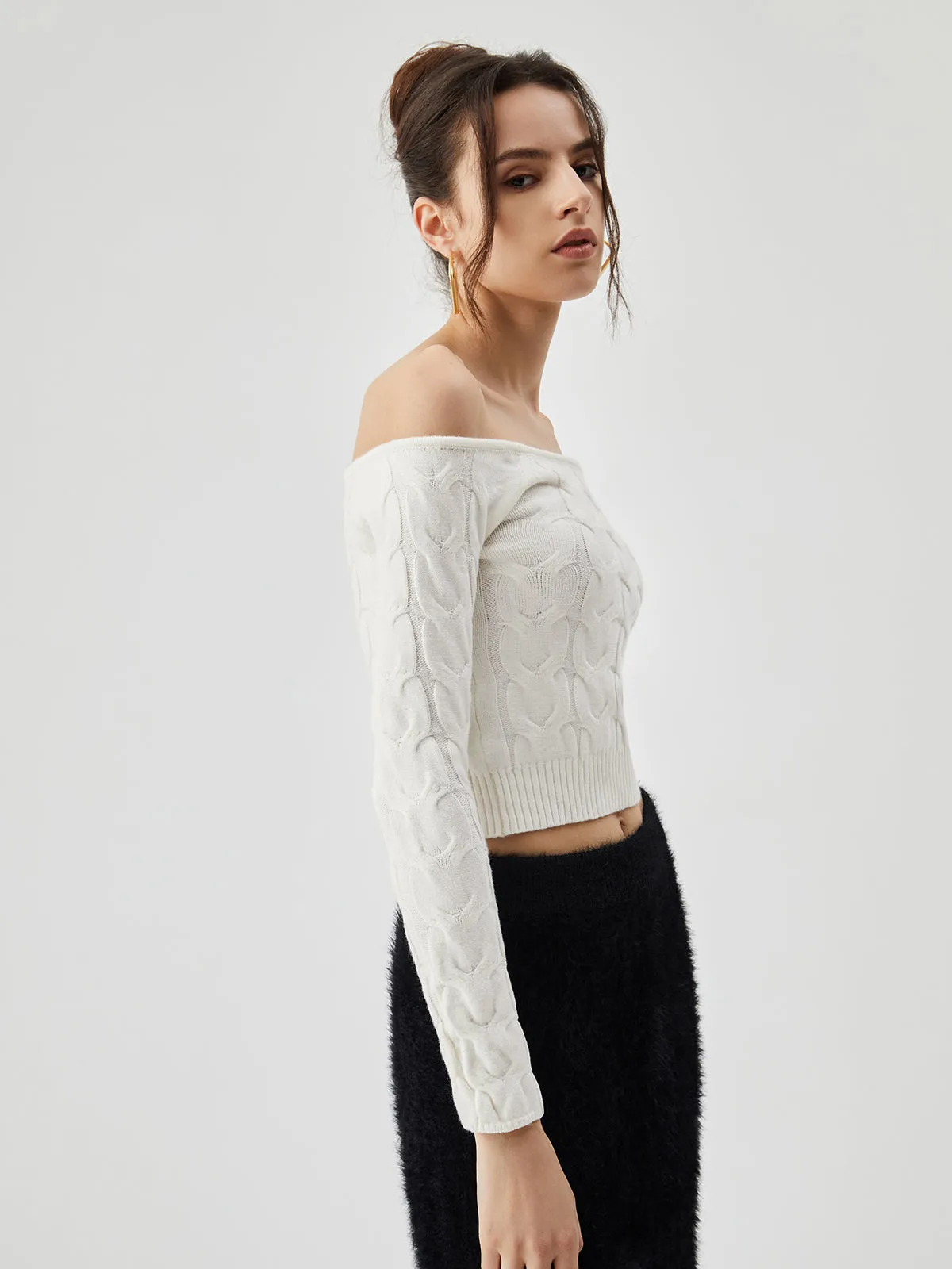 Off Shoulder Long Trendy Sleeve Cable Crop Sweater