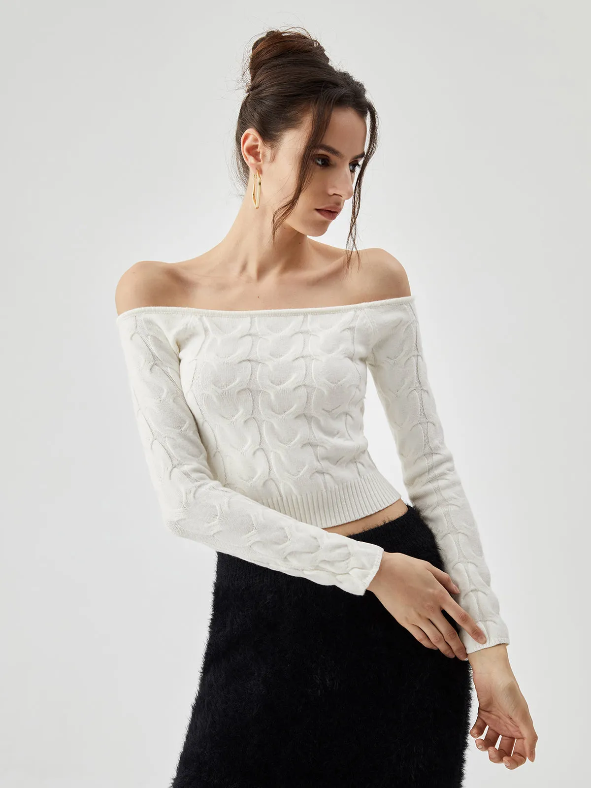 Off Shoulder Long Trendy Sleeve Cable Crop Sweater