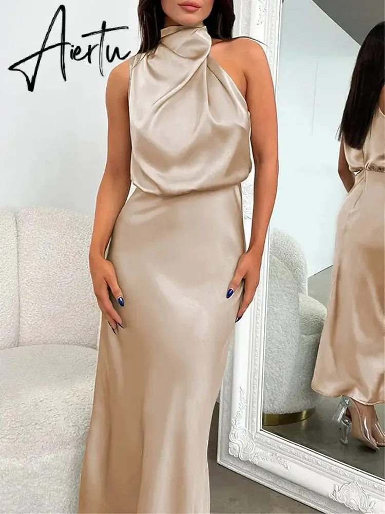 One Shoulder Turtleneck Tank Satin Women Party Dress Robe Zip Sleeveless Elegant Vintage Folds Women Clothing