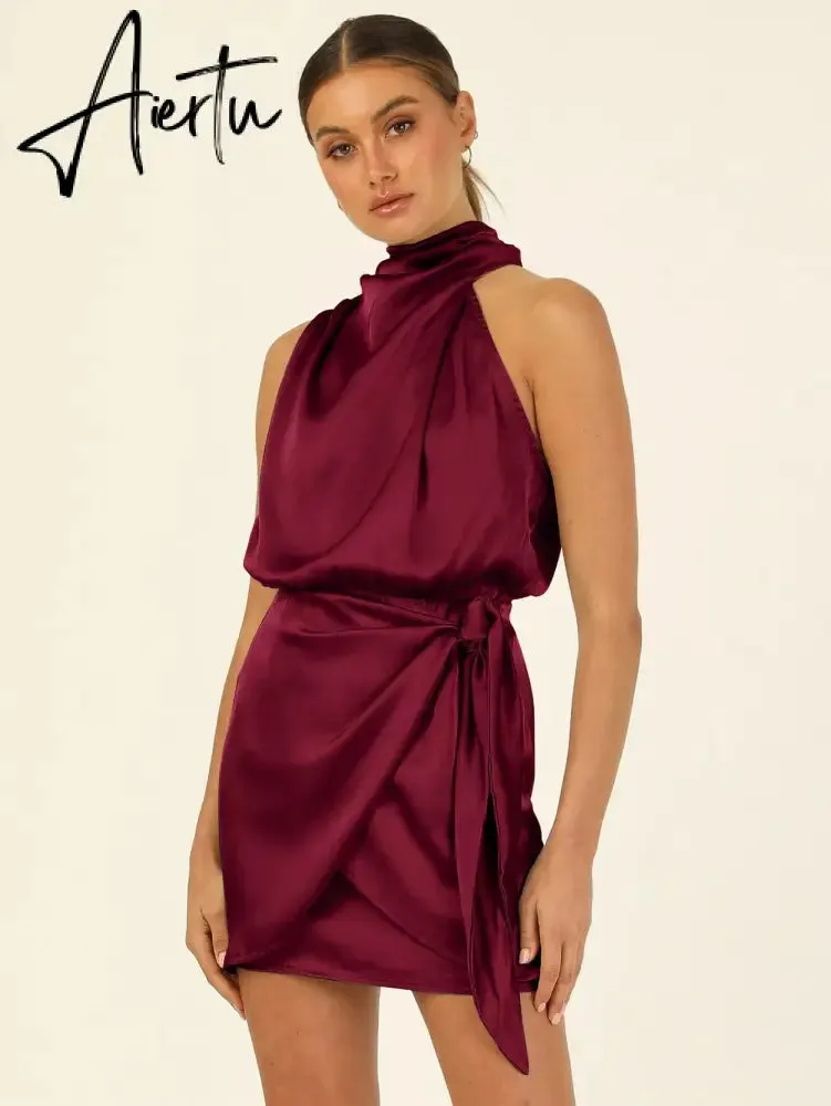 One Shoulder Turtleneck Tank Satin Women Party Dress Robe Zip Sleeveless Elegant Vintage Folds Women Clothing