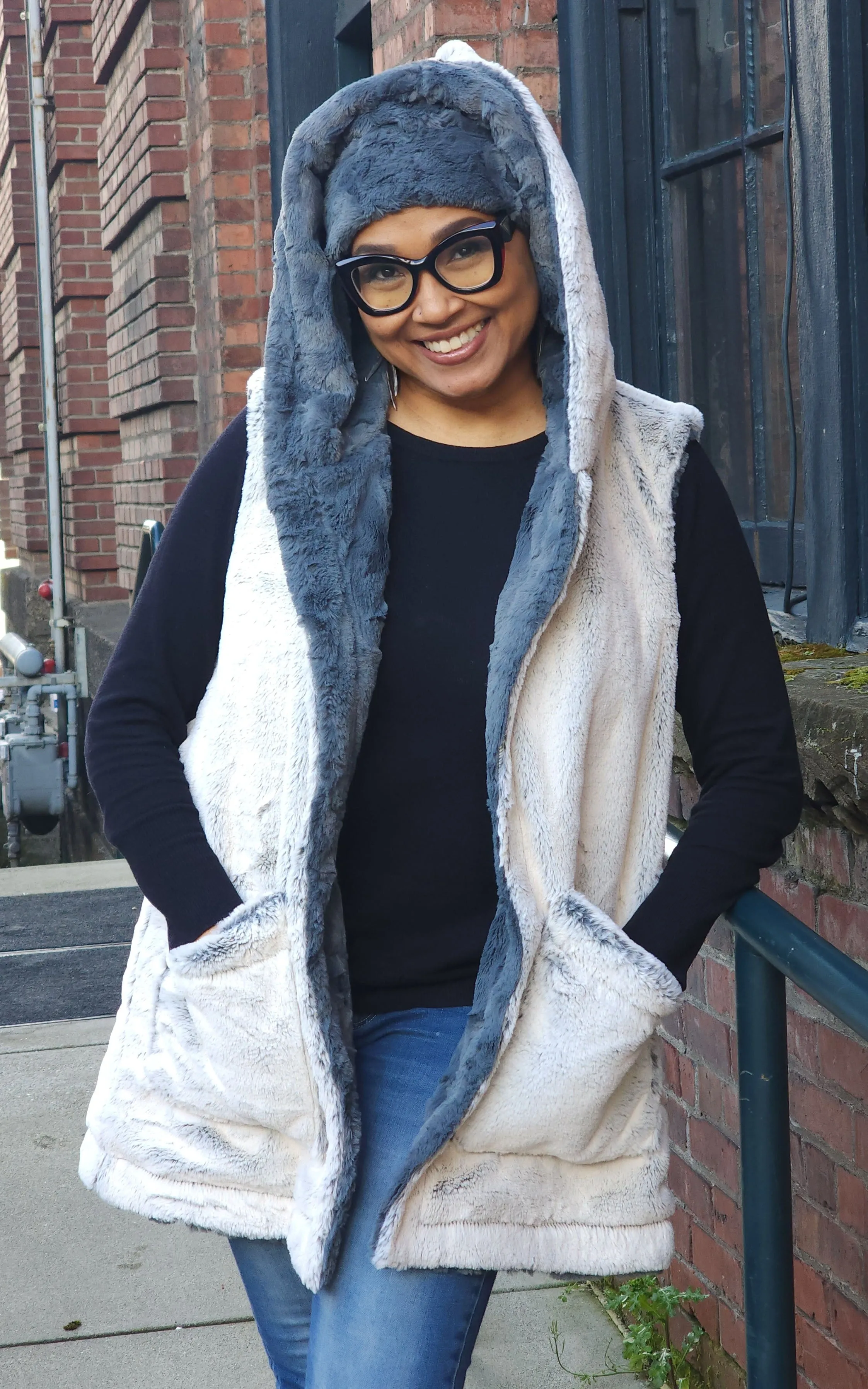 Oversized Hooded Vest, Reversible less pockets - Assorted Faux Fur Combos