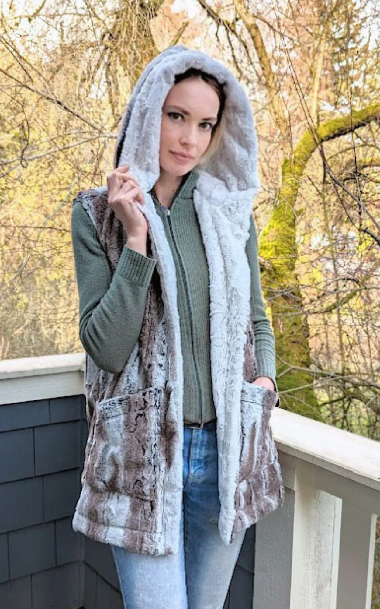 Oversized Hooded Vest, Reversible less pockets - Assorted Faux Fur Combos