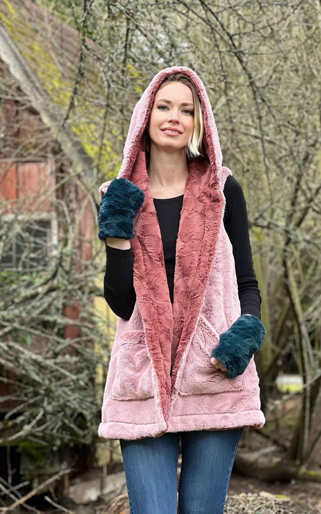 Oversized Hooded Vest, Reversible less pockets - Assorted Faux Fur Combos