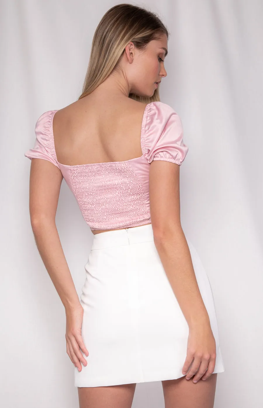 Pink Satin Crop With Bubble Sleeves And Button Details