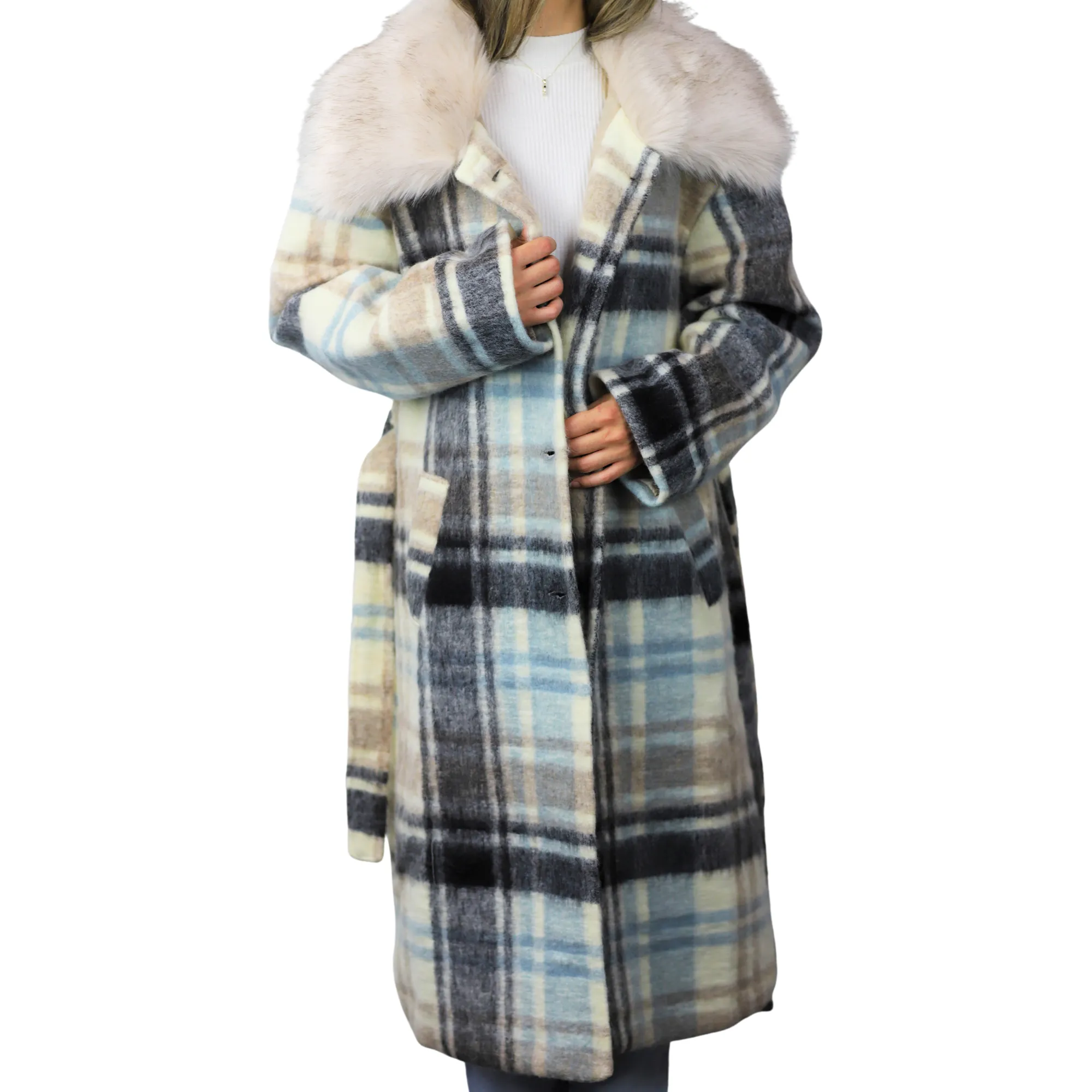 Plaid Long Coat with Trim / Tie Waist - White