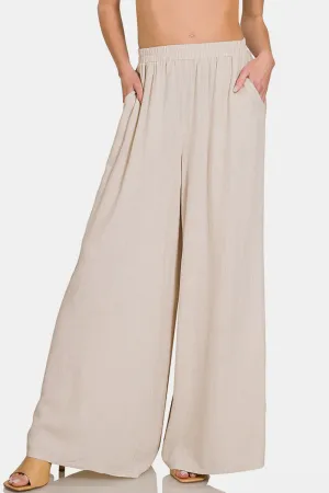 Pleated Linen Blend Wide Leg Pants