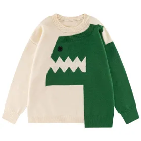 PopFlying Cute Casual Knit Sweater Dinosaur Patchwork