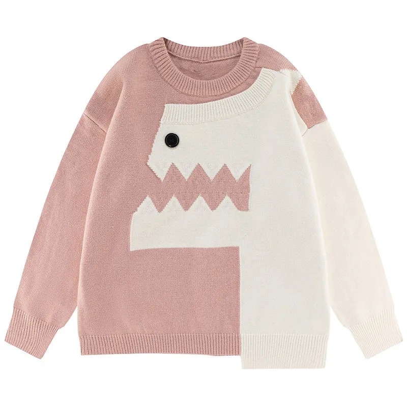 PopFlying Cute Casual Knit Sweater Dinosaur Patchwork