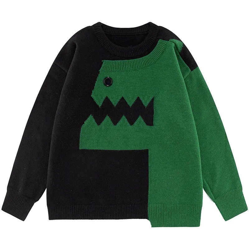 PopFlying Cute Casual Knit Sweater Dinosaur Patchwork