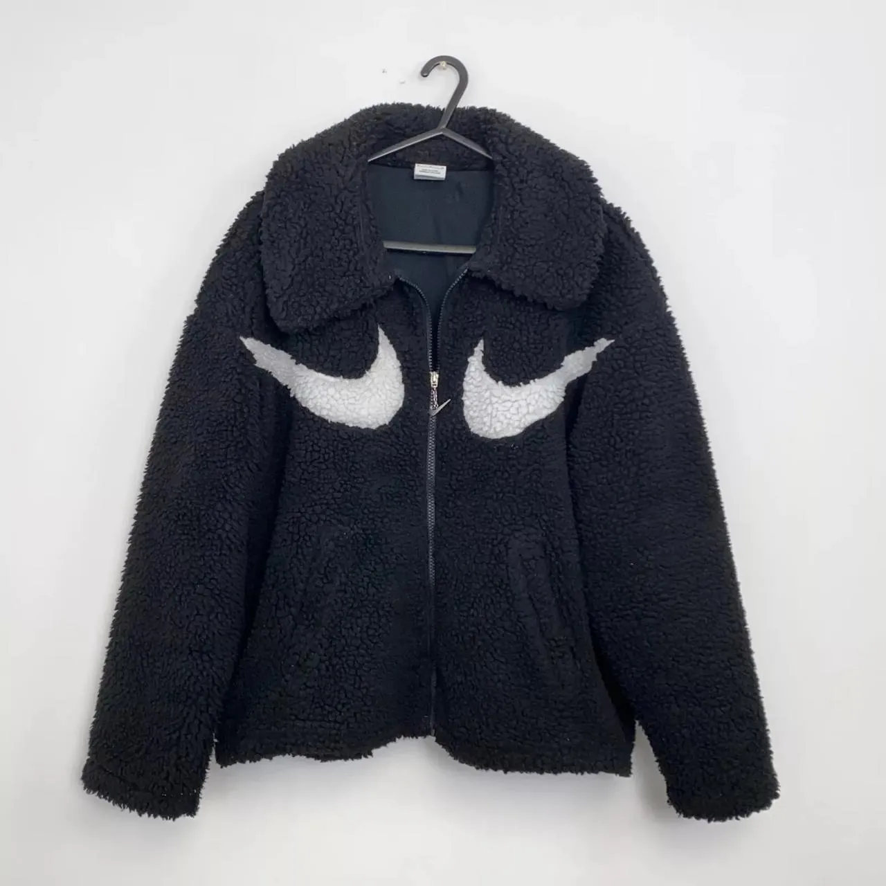 Preowned Nike Womens Heavy Sherpa Jacket Fleece Teddy Size M Loose Black Double Swoosh