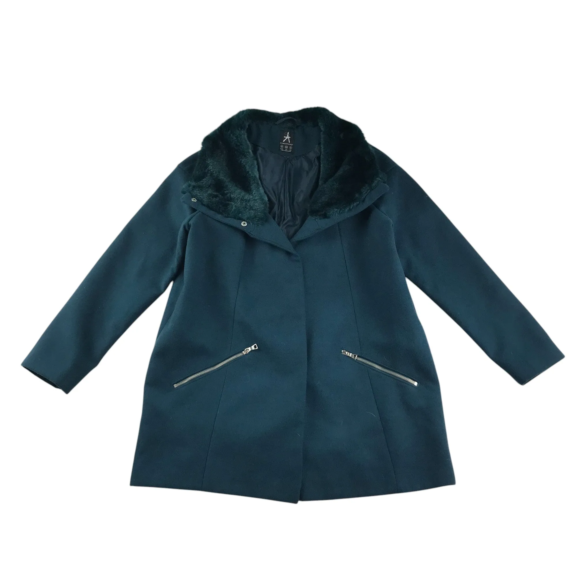 Primark coat women size 12 teal blue long jacket with zipper faux fur collars