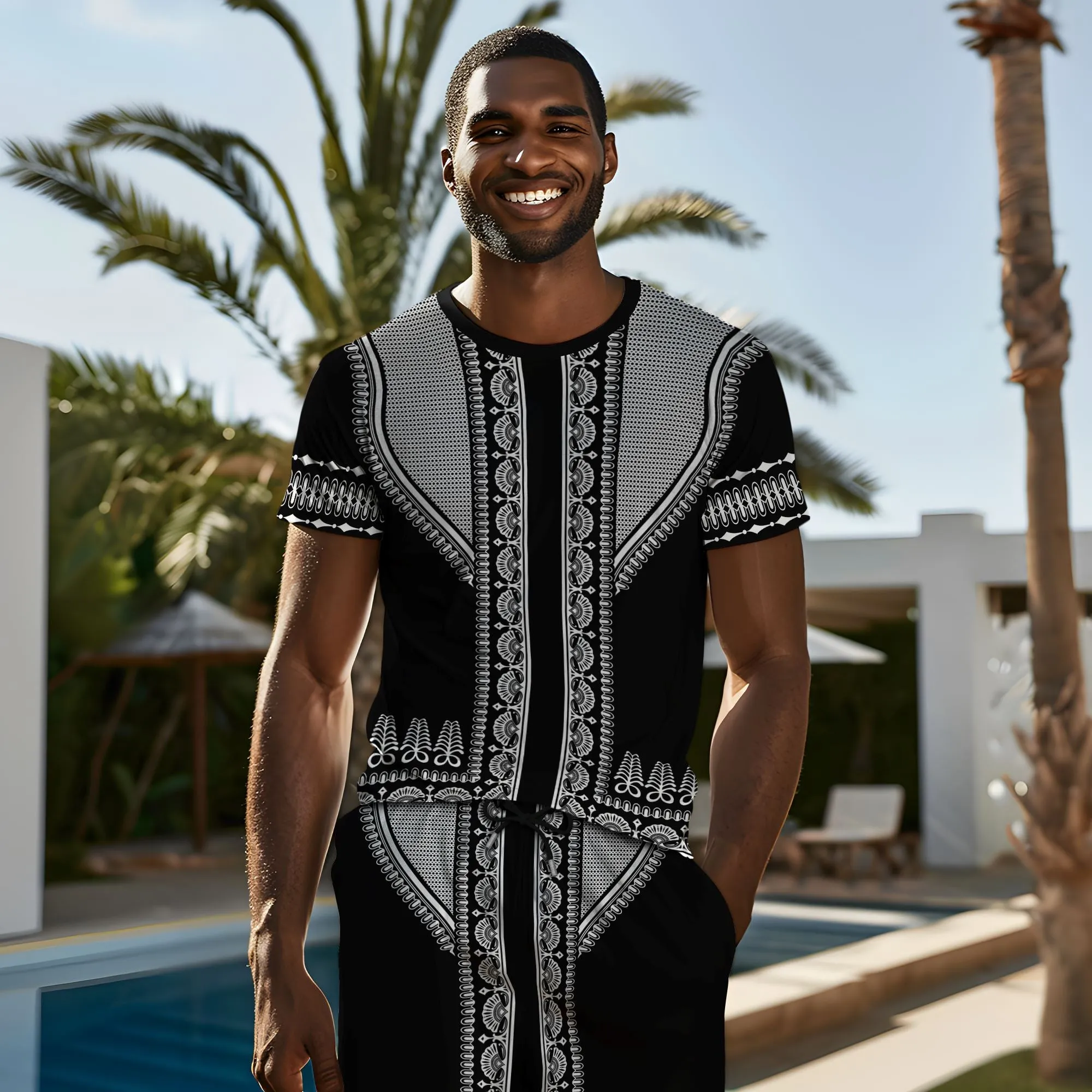 Printed Silver Dashiki T-shirt and Shorts Set