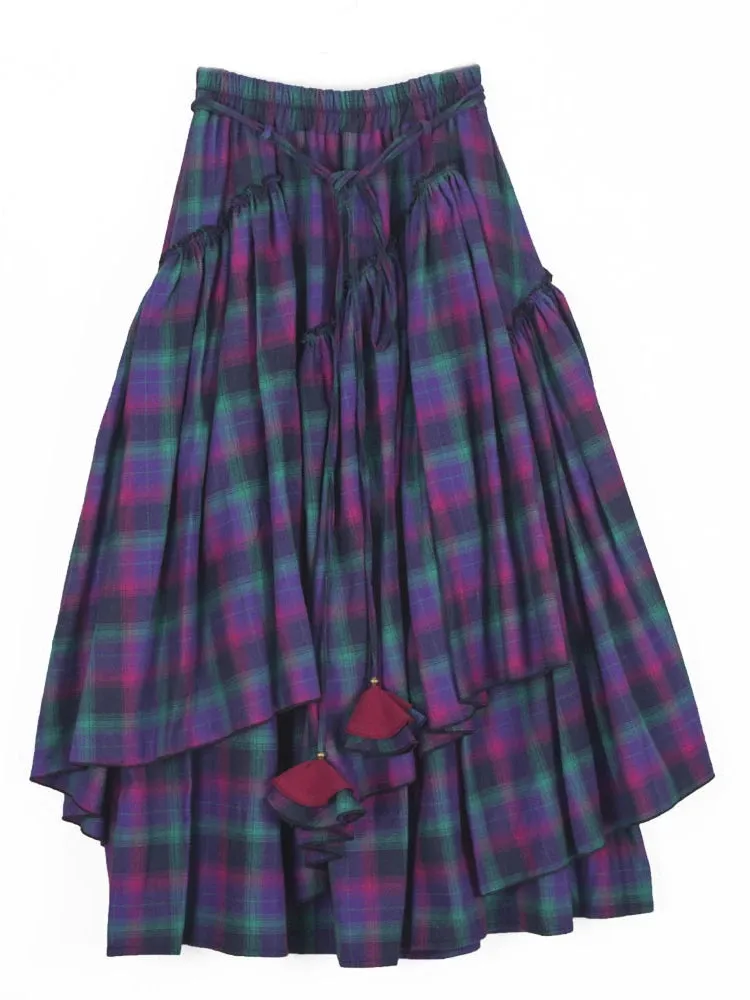 Purple Tartan Irregular Brushed Cotton Pleated Medieval Skirt