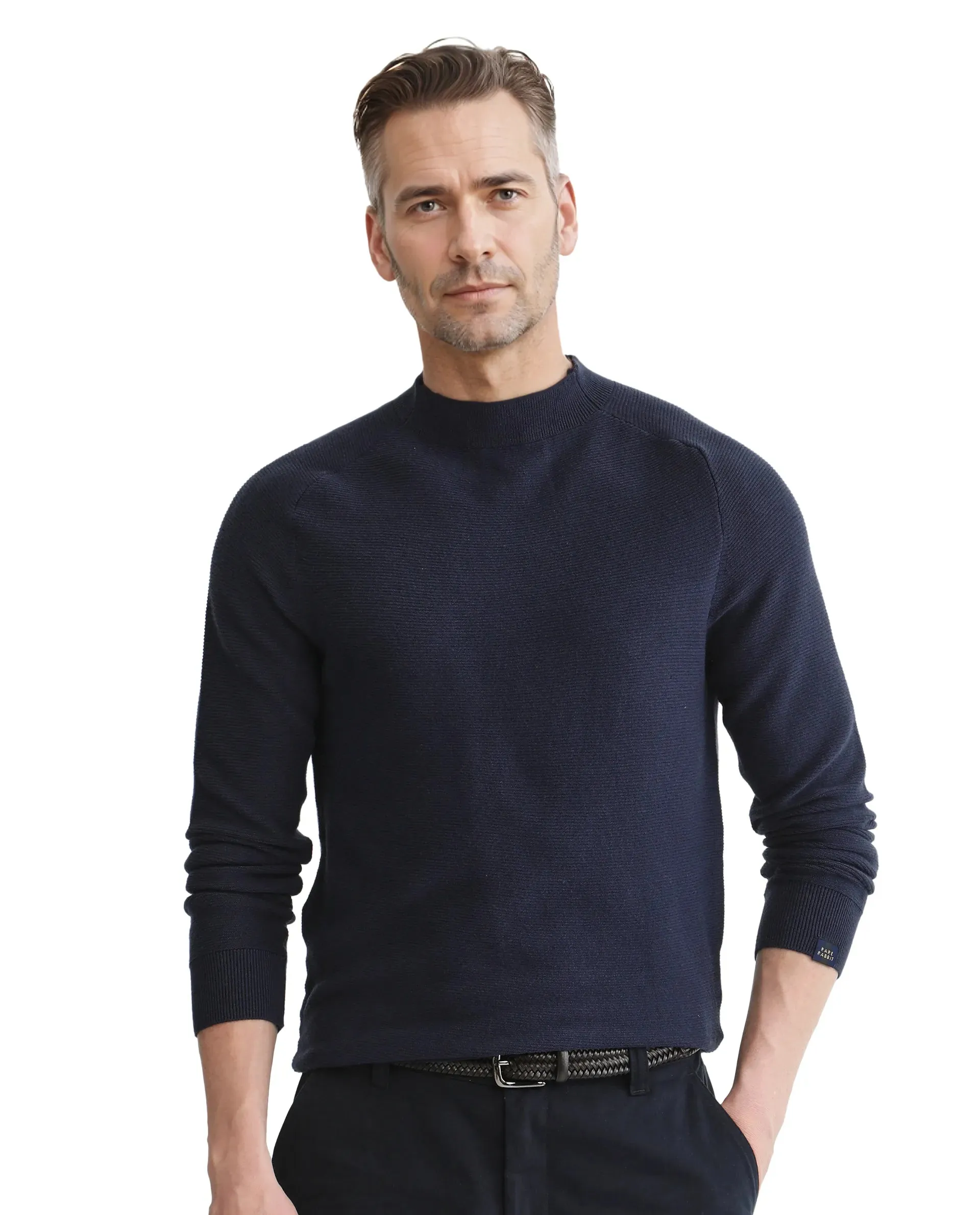 Rare Rabbit Men's Zampa Navy Viscose Nylon Fabric Full Sleeve High Neck Plain Sweater