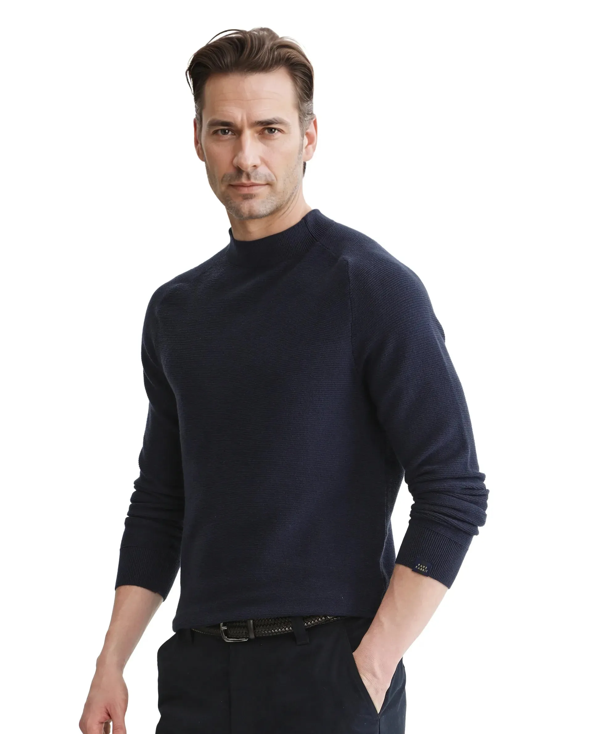 Rare Rabbit Men's Zampa Navy Viscose Nylon Fabric Full Sleeve High Neck Plain Sweater