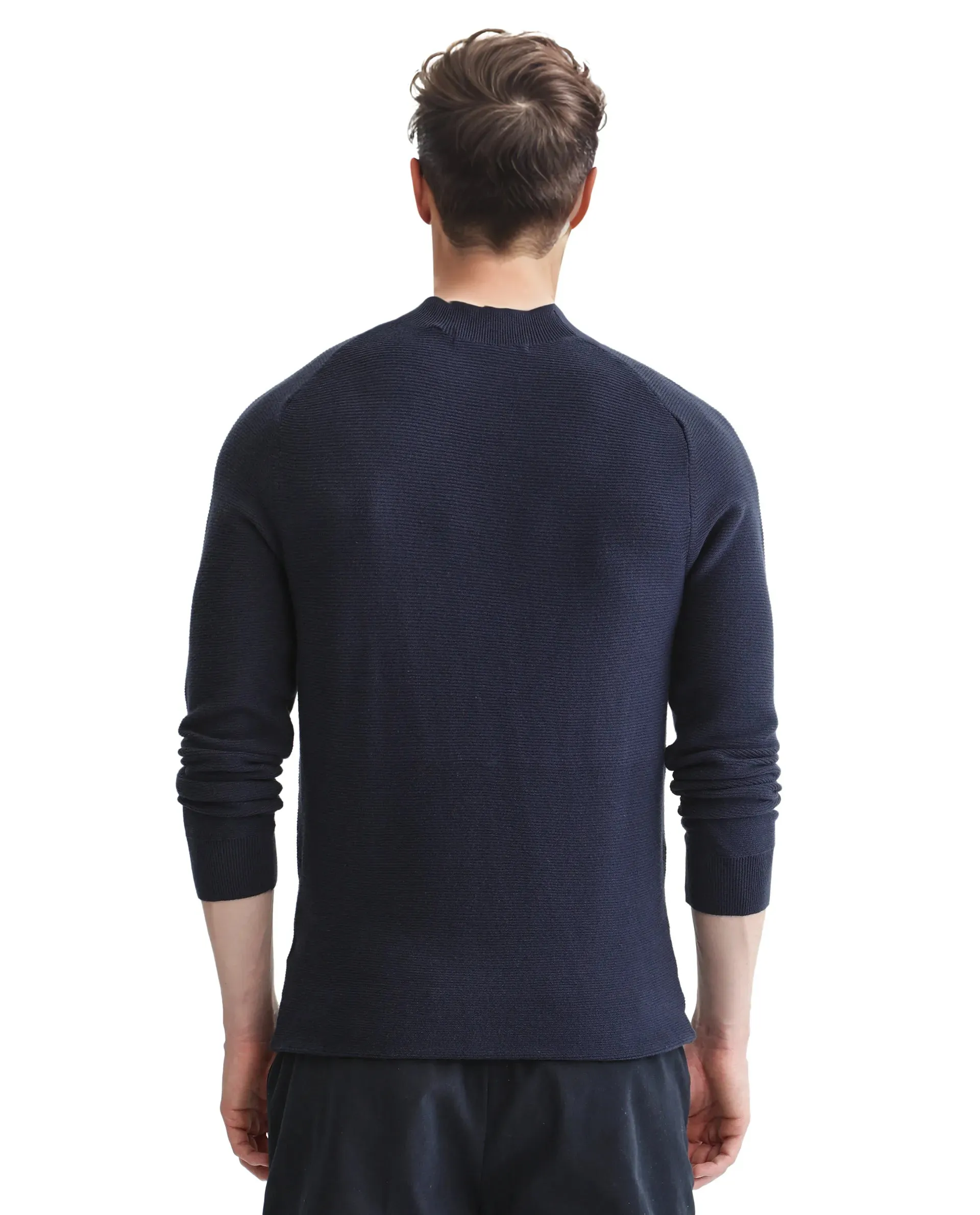 Rare Rabbit Men's Zampa Navy Viscose Nylon Fabric Full Sleeve High Neck Plain Sweater