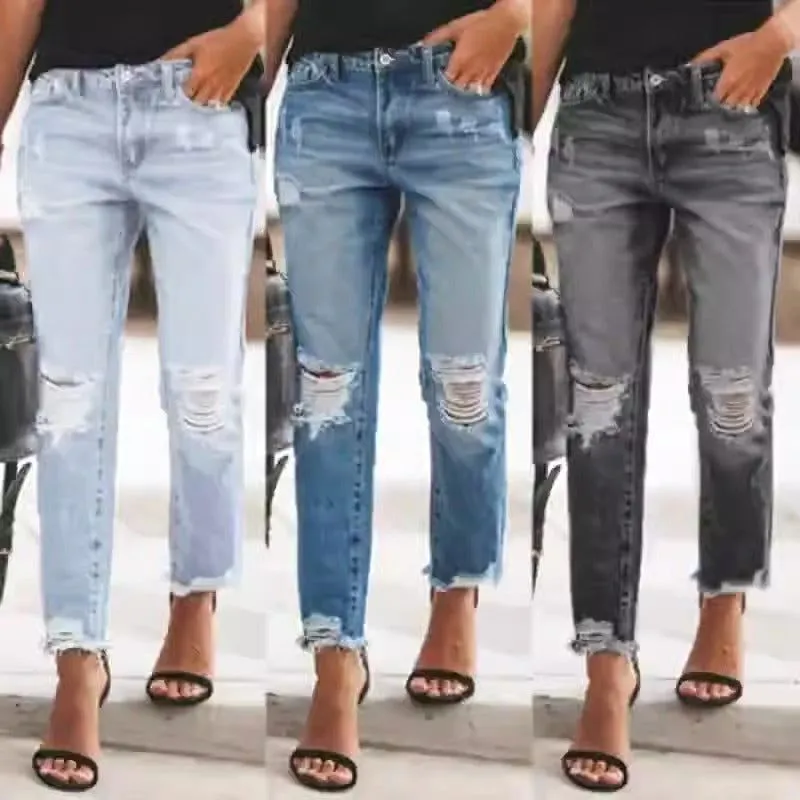 Retro Ripped High Waist Straight Leg Pencil Denim Jeans