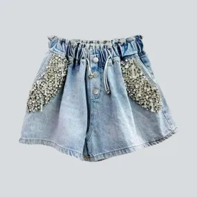 Rhinestone pocket women's denim shorts