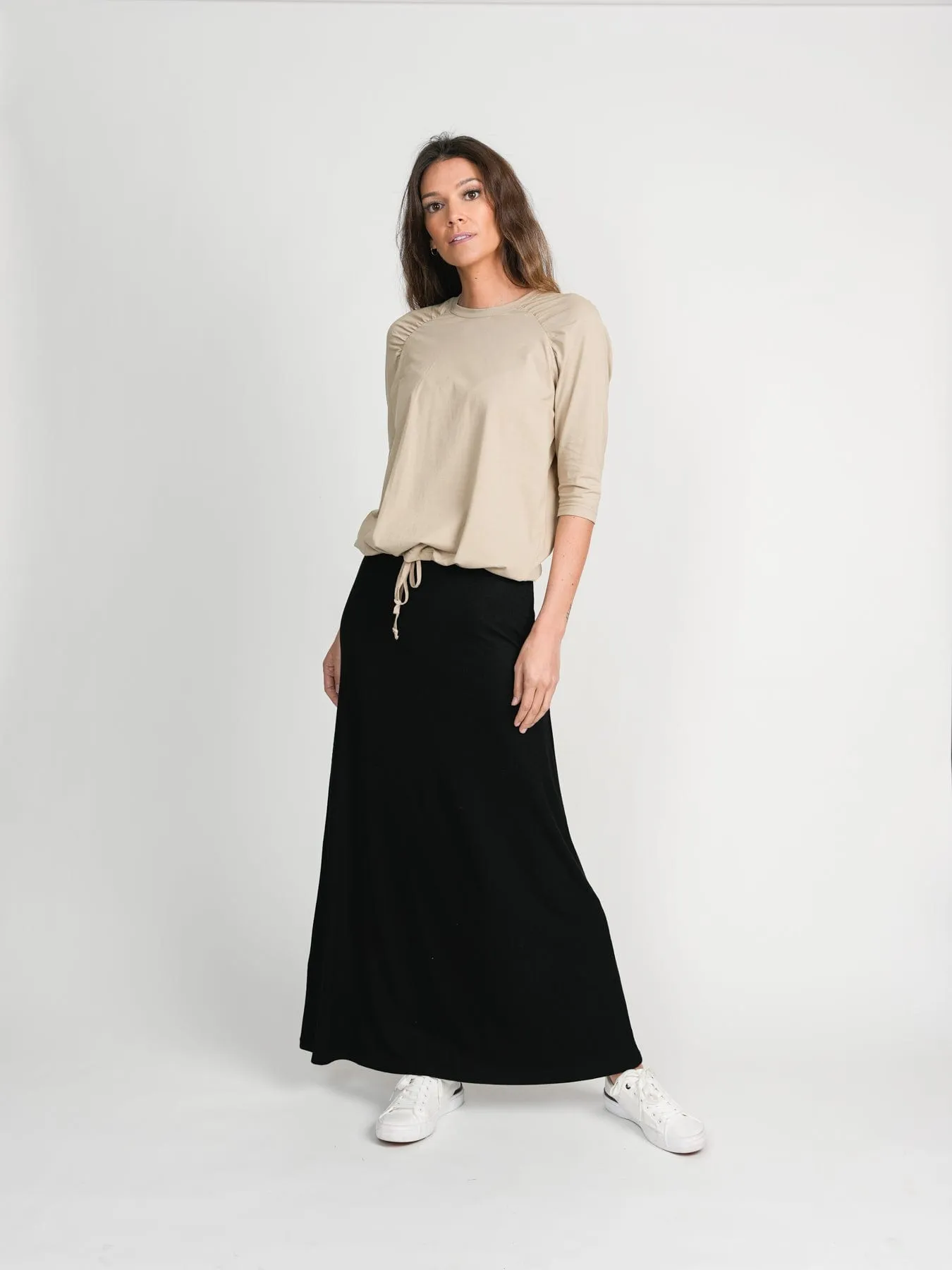 RIBBED A-LINE MAXI SKIRT - BLACK