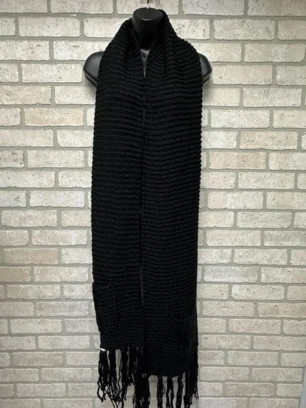 Scarf - Knitted Fringed Pockets - Black