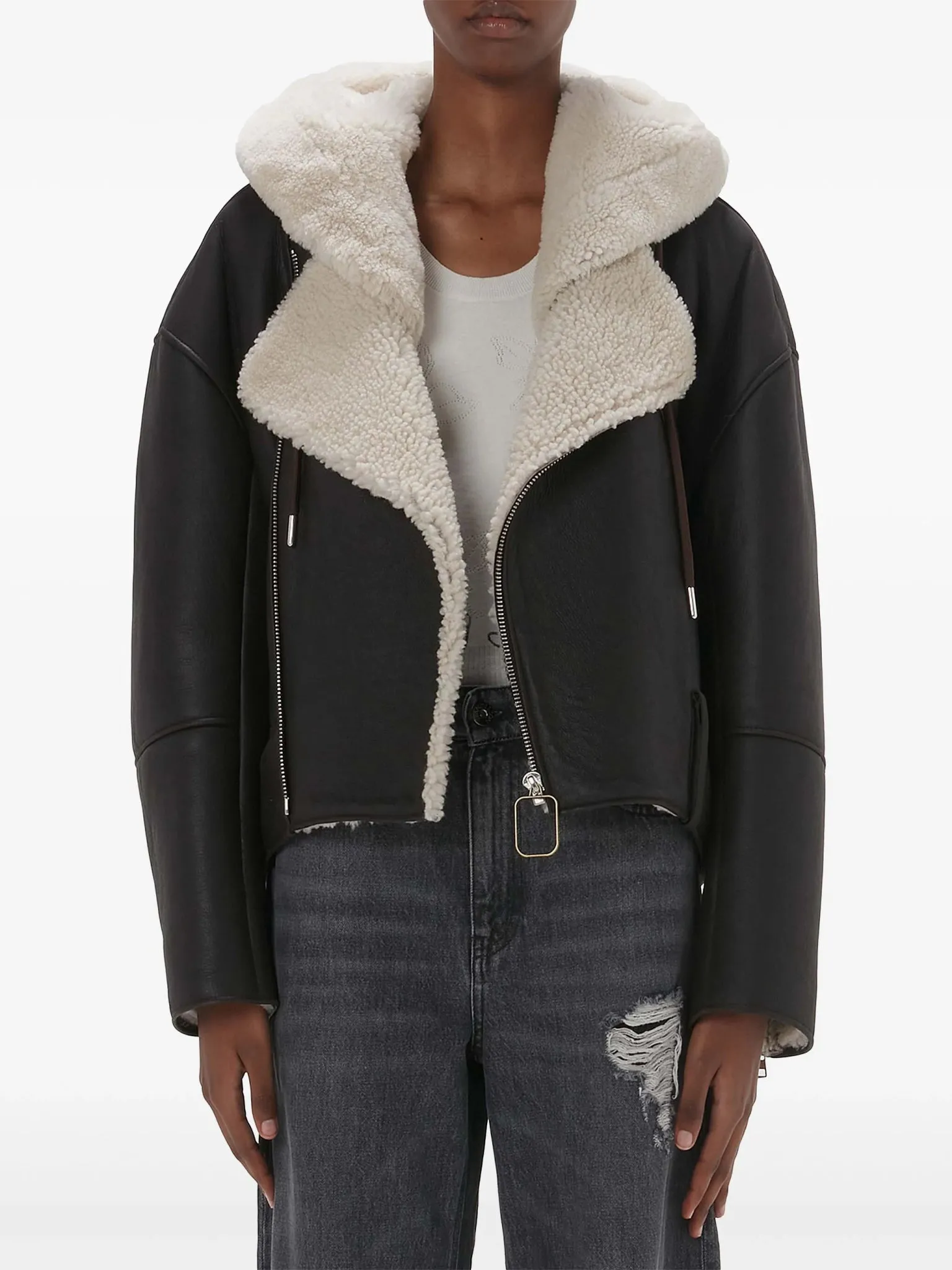 shearling-trim leather biker jacket