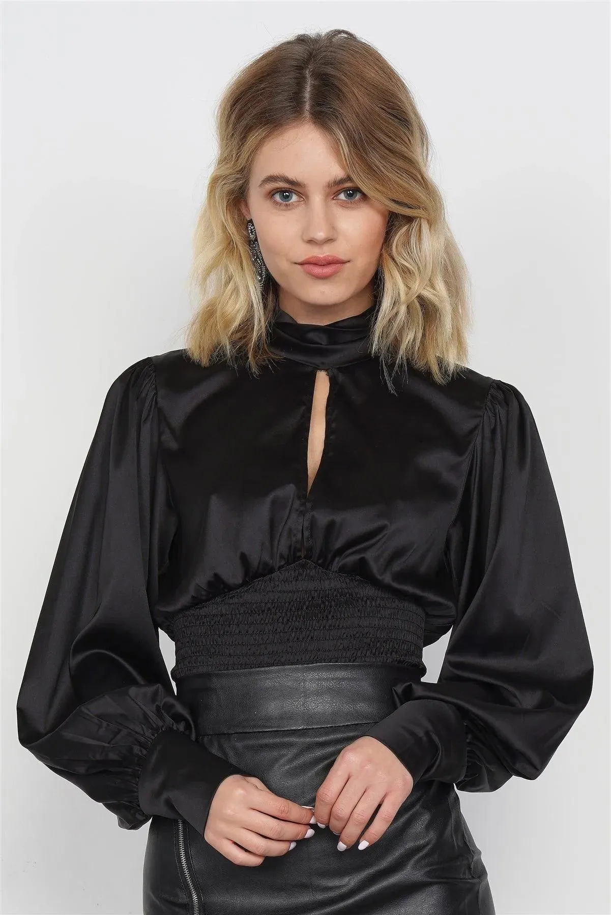 Silk Black Open Back Crop Turtleneck Blouse /4-2-1