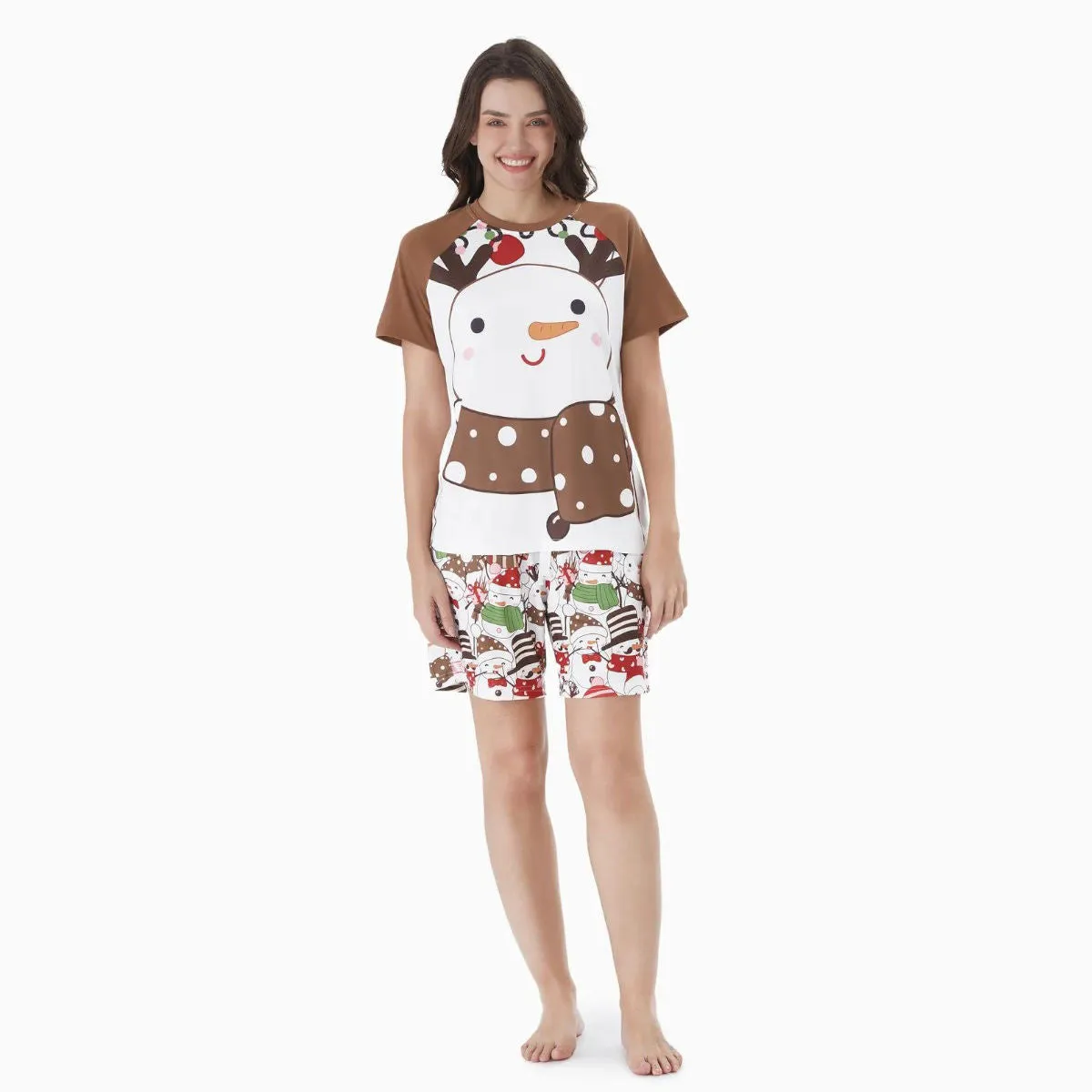 Snowman Reindeer Scarf Short Sleeve Christmas Pajamas Set