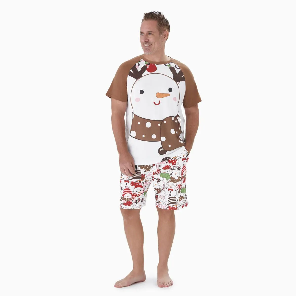 Snowman Reindeer Scarf Short Sleeve Christmas Pajamas Set