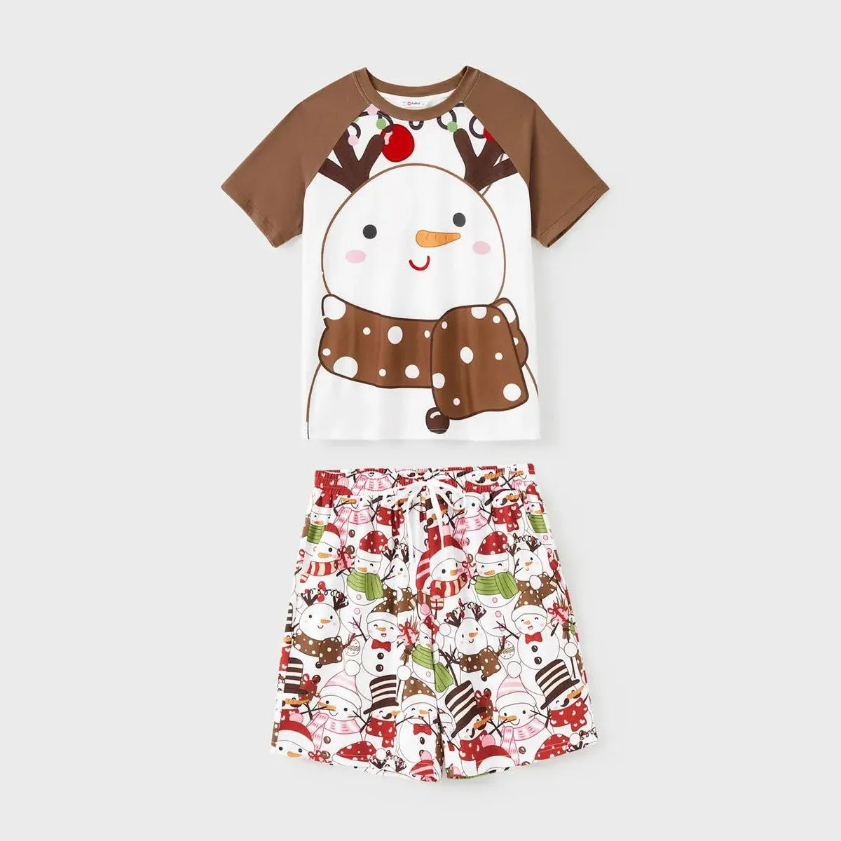 Snowman Reindeer Scarf Short Sleeve Christmas Pajamas Set