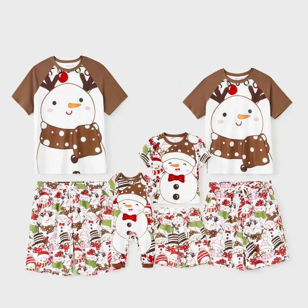 Snowman Reindeer Scarf Short Sleeve Christmas Pajamas Set