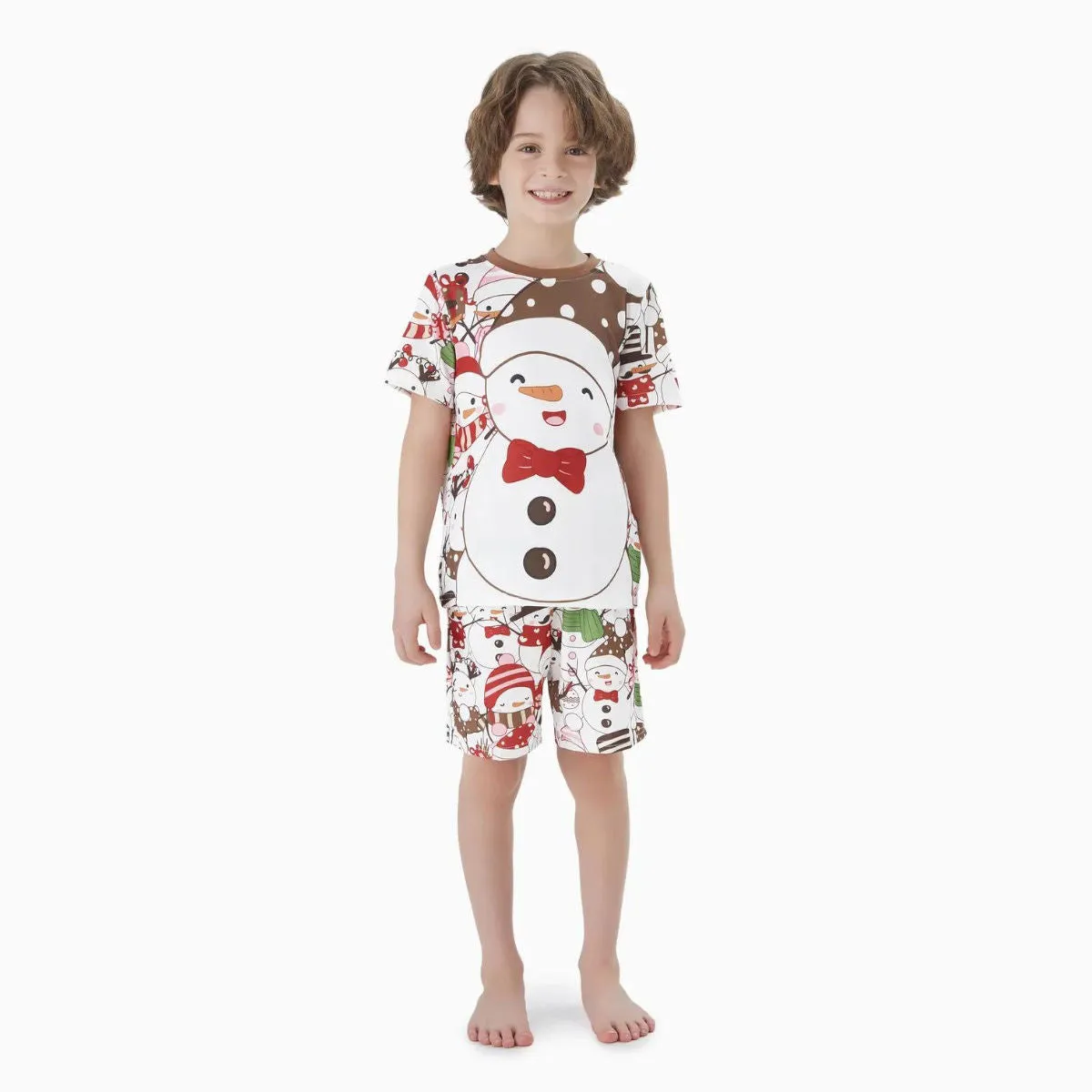 Snowman Reindeer Scarf Short Sleeve Christmas Pajamas Set