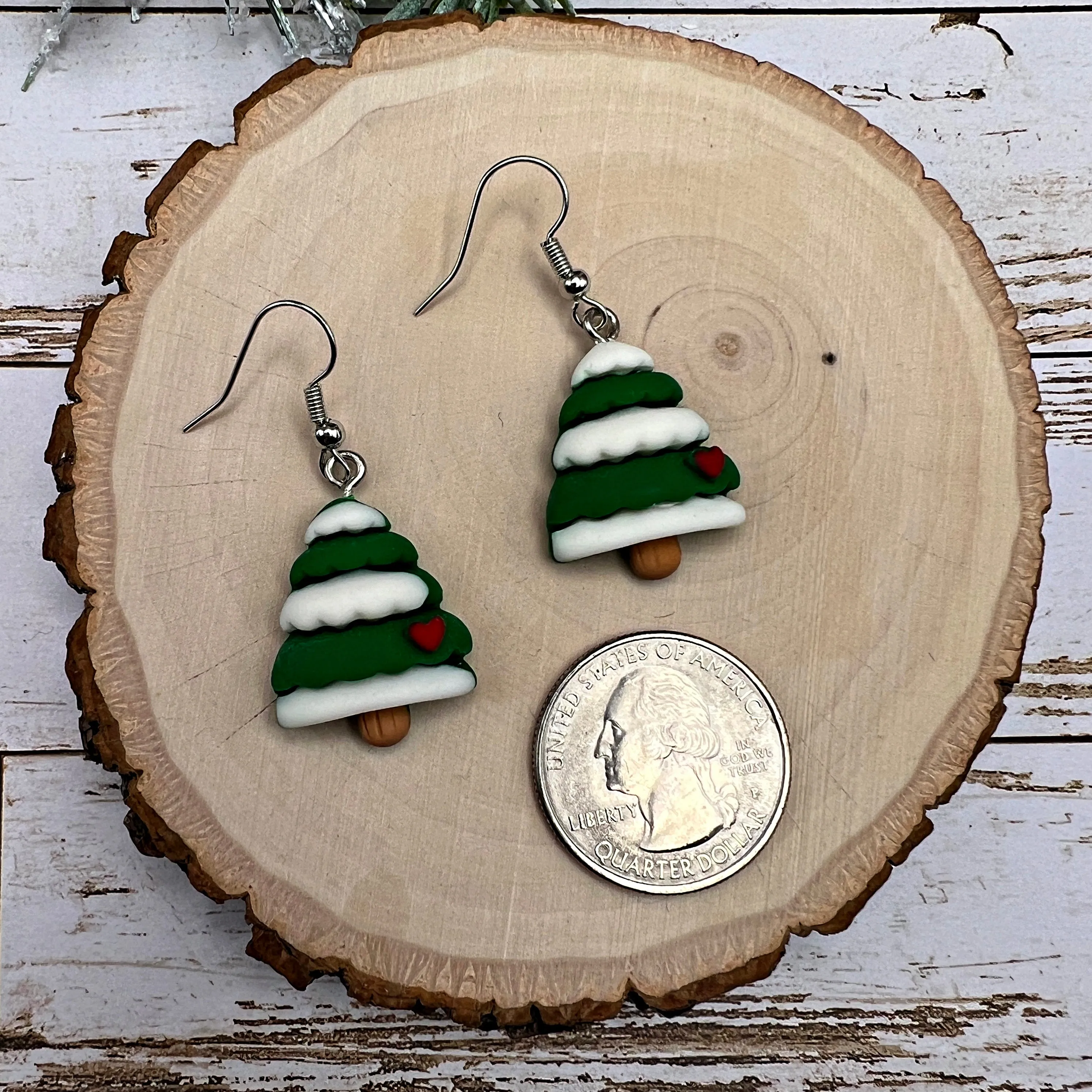 Snowy Pine Tree Kawaii Earrings - Hypoallergenic Holiday Earrings with Tiny Heart Detail and Hypoallergenic Hooks - Winter Wonderland Festive Charm for Christmas