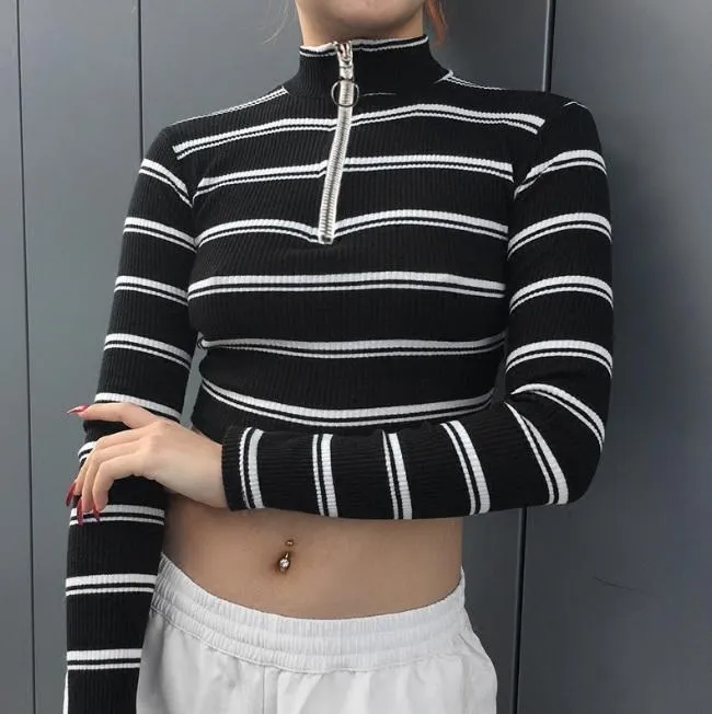 Stripes Front High Neck Zipper Metallic Ring Crop Sweater