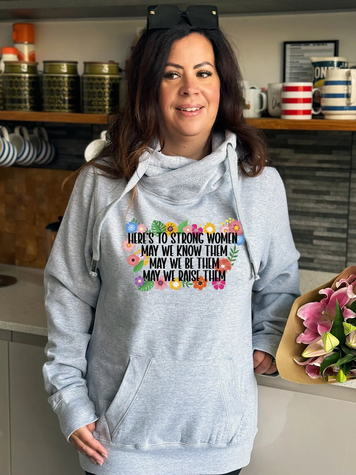 'Strong Women' Floral Luxe Hoodie - Grey