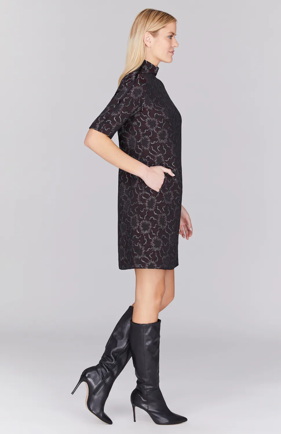 Sunburst Jacquard Turtleneck Shift Dress w/ Contrast Bias