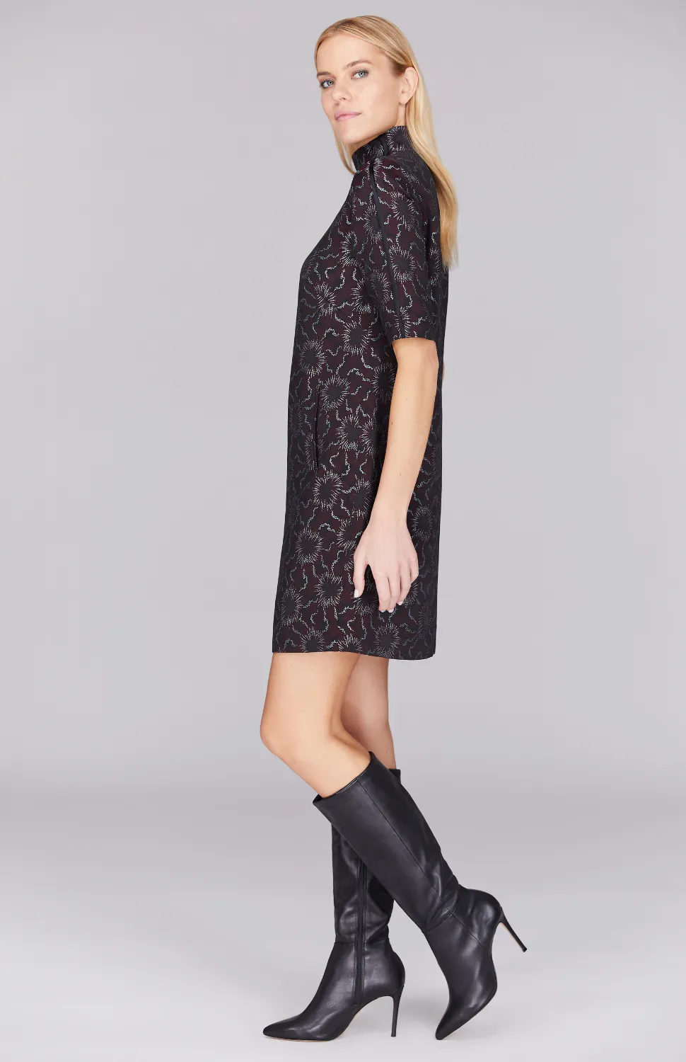 Sunburst Jacquard Turtleneck Shift Dress w/ Contrast Bias