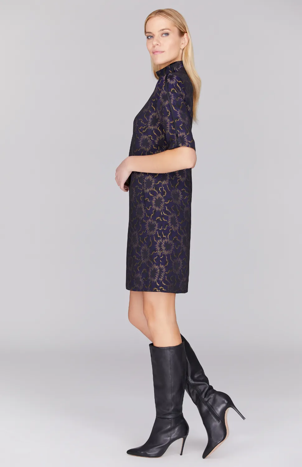 Sunburst Jacquard Turtleneck Shift Dress w/ Contrast Bias