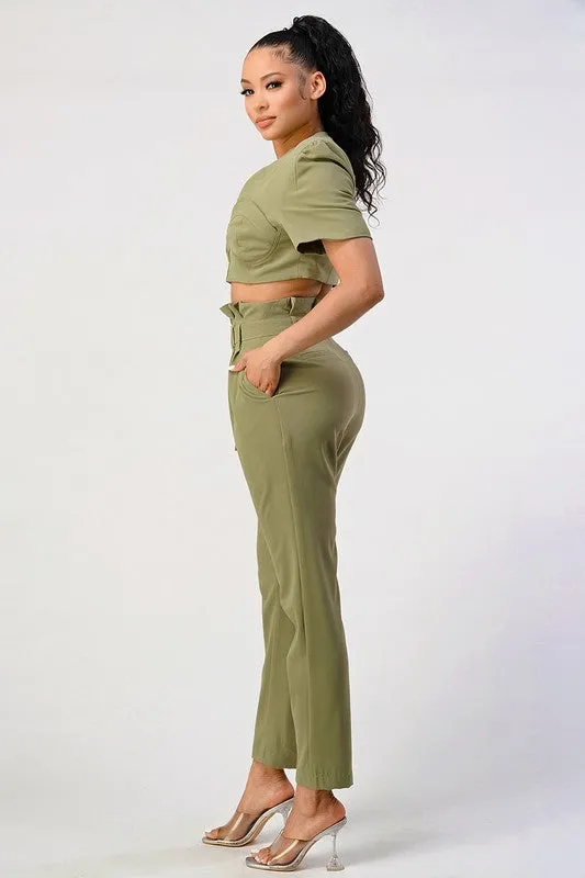 TEEK - OLIVE TWO PIECE PANT SET & BELT