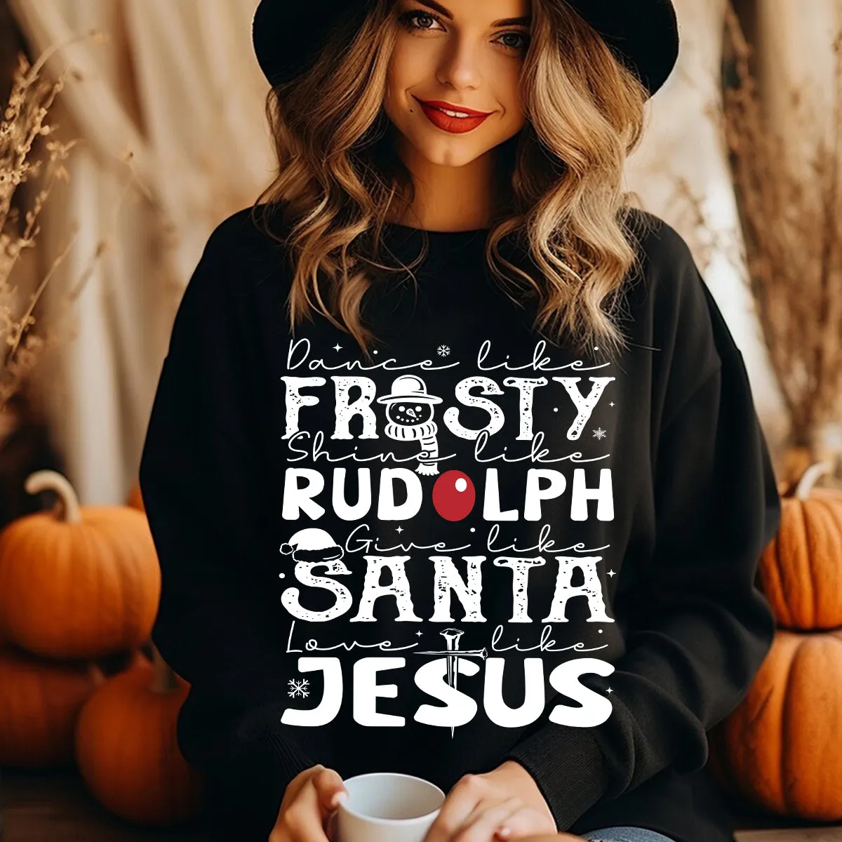 Teesdily | Dance Like Frosty Shine Like Rudolph Give Like Santa Love Like Jesus Shirt, Cute Christmas Sweatshirt Hoodie Mug Tee