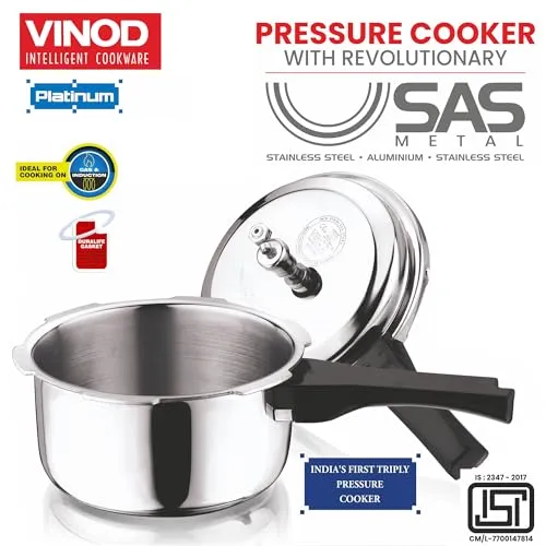 Vinod Platinum Triply Stainless Steel Pressure Cooker Outer Lid - 3 Litre | SAS Bottom Cooker | Induction and Gas Base Cooker | ISI and CE certified | 2 Years Warranty