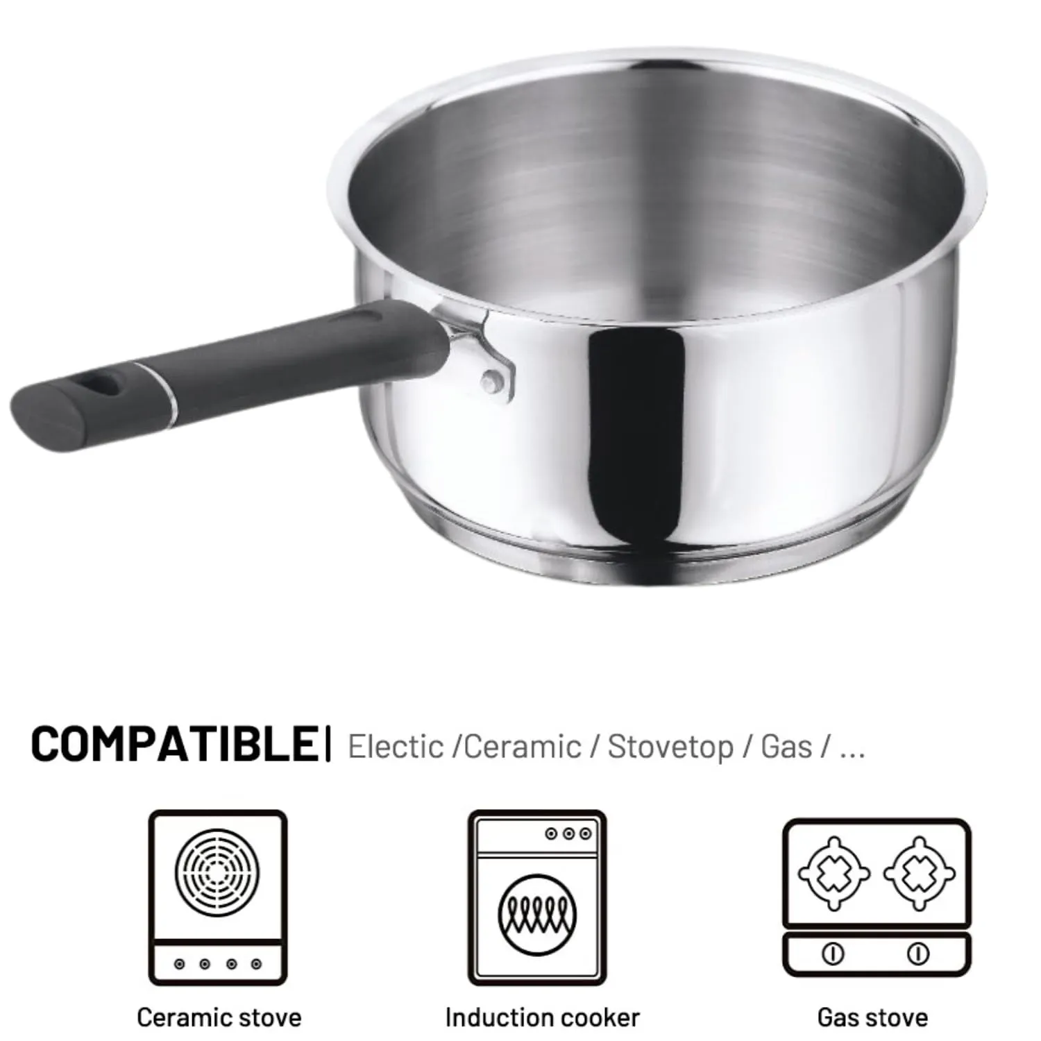 Vinod Tivoli Heavy Guage Stainless Steel Saucepan - 1.1 litre (14cm) | SAS Bottom | 2 Layer Extra Thick Aluminum Core | Induction and Gas Base | Bakelite Handle - 2 Year Warranty