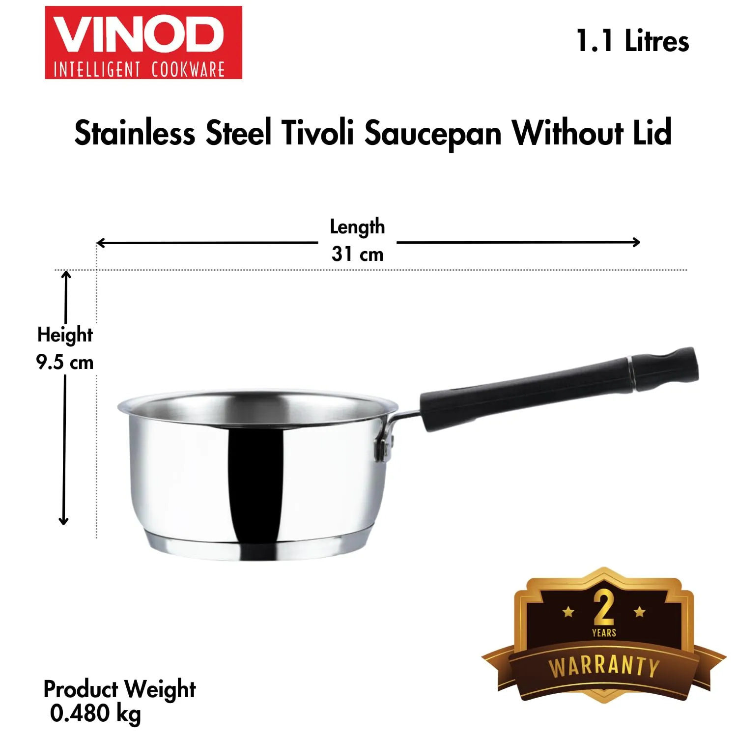 Vinod Tivoli Heavy Guage Stainless Steel Saucepan - 1.1 litre (14cm) | SAS Bottom | 2 Layer Extra Thick Aluminum Core | Induction and Gas Base | Bakelite Handle - 2 Year Warranty