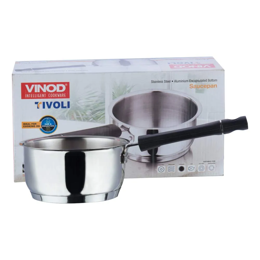 Vinod Tivoli Heavy Guage Stainless Steel Saucepan - 1.1 litre (14cm) | SAS Bottom | 2 Layer Extra Thick Aluminum Core | Induction and Gas Base | Bakelite Handle - 2 Year Warranty