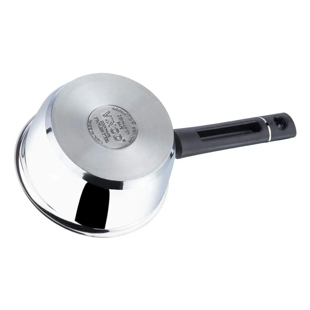 Vinod Tivoli Heavy Guage Stainless Steel Saucepan - 1.1 litre (14cm) | SAS Bottom | 2 Layer Extra Thick Aluminum Core | Induction and Gas Base | Bakelite Handle - 2 Year Warranty