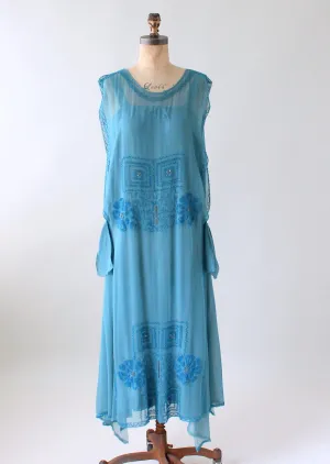 Vintage 1920s Cornflower Blue Tambour Beaded Silk Dress