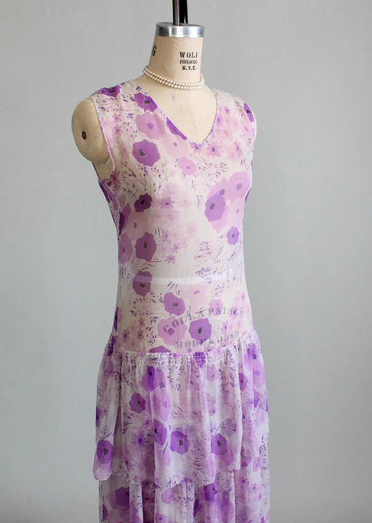 Vintage 1920s Purple Pansies Chiffon Lawn Dress