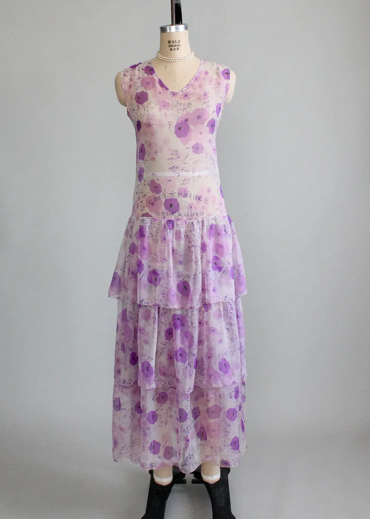 Vintage 1920s Purple Pansies Chiffon Lawn Dress