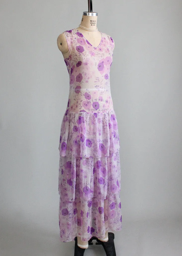 Vintage 1920s Purple Pansies Chiffon Lawn Dress