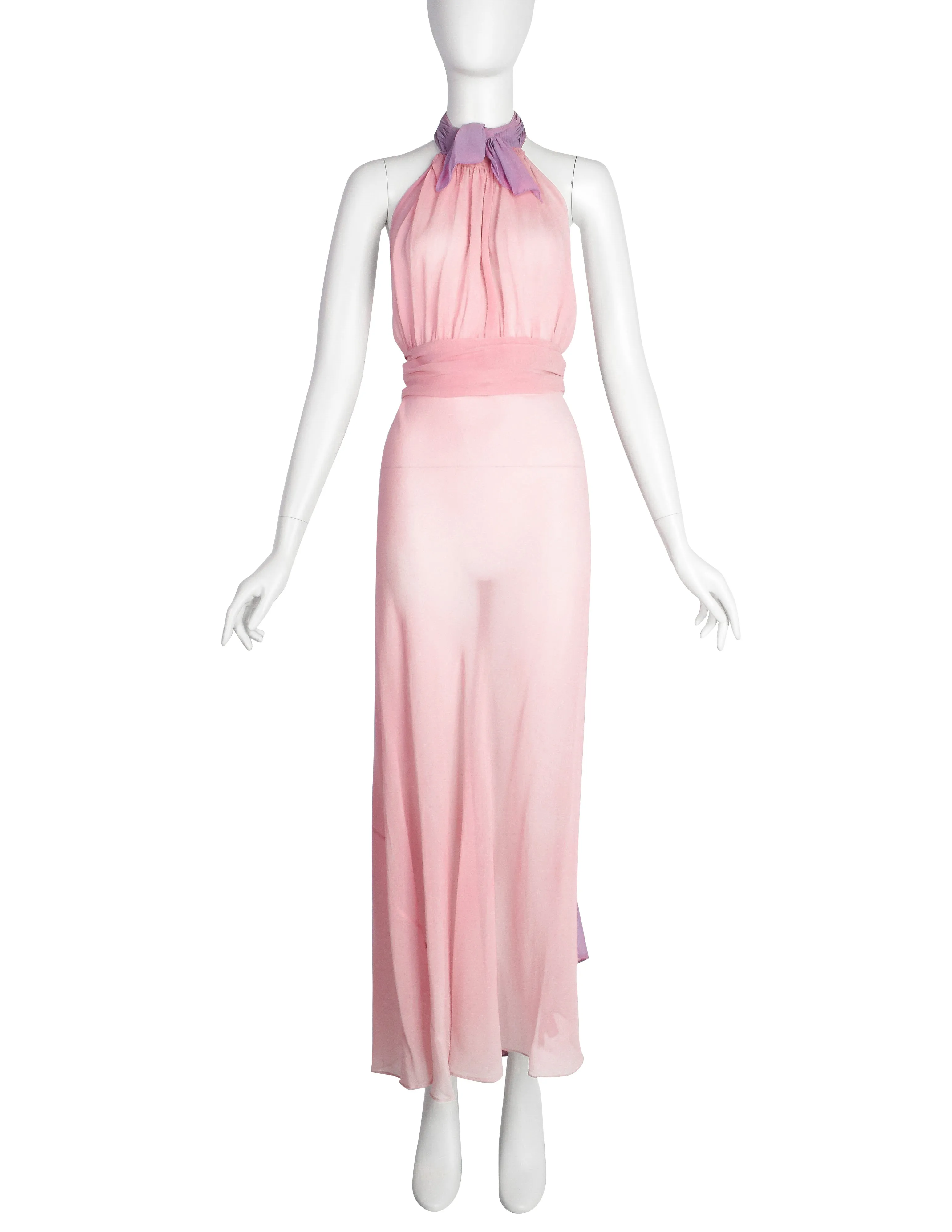 Vintage 1930s Baby Pink and Lavender Bias Silk Chiffon Halter Gown