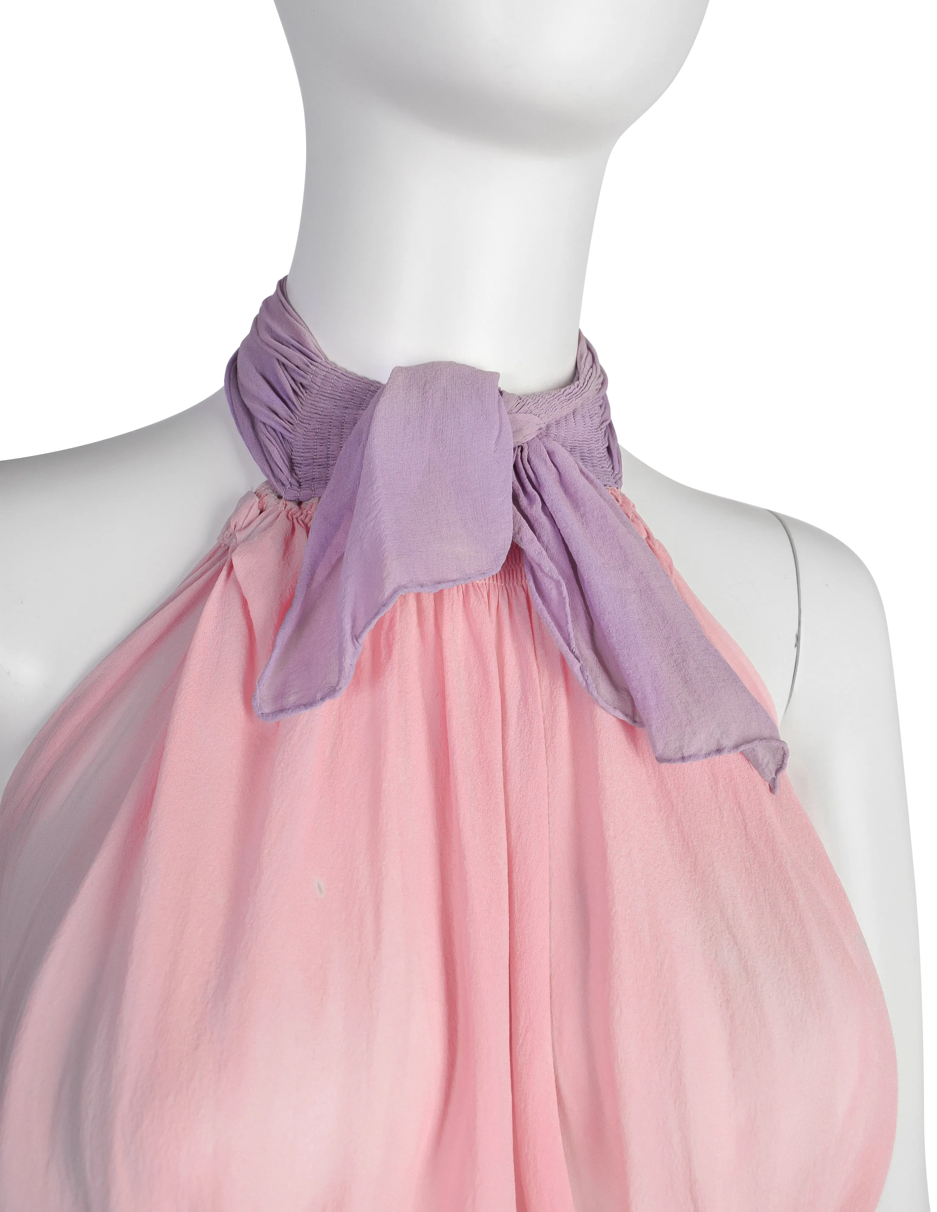 Vintage 1930s Baby Pink and Lavender Bias Silk Chiffon Halter Gown